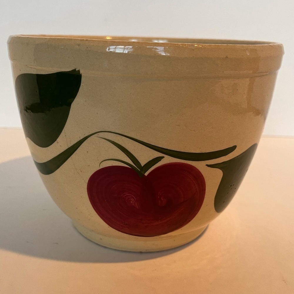 Vintage Yellow Ware Pottery Apple Two-Leaf Mixing Bowl Ovenware